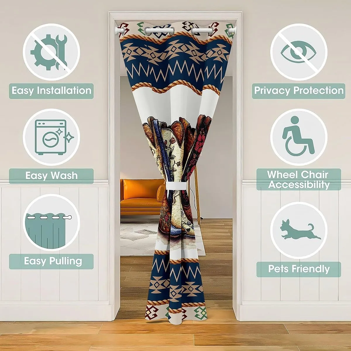 Manfei Western Boots Blackout Curtain 80"×34",Retro Tribal Cowboy Boots Graffiti 1 Panel Door Curtain,Bohemian Aztec Rustic Country Beige Doorway Curtain Restaurant