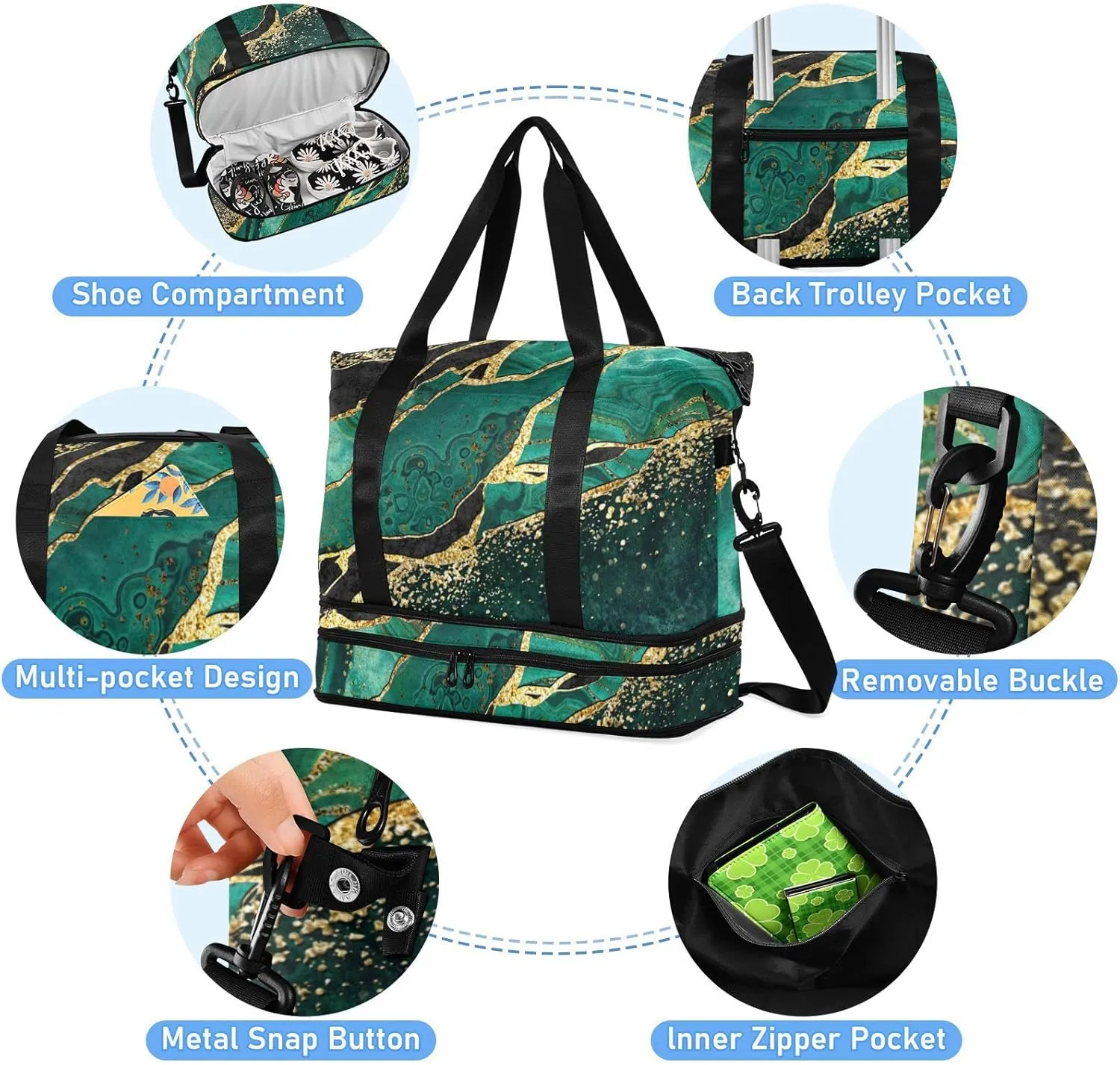 Marble Weekender Bag for Women, Malachite Green Marble Gym Bag Sports Duffle Bag Travel Tote Bag with Toiletry Bag Shoes Compartment Dry/Wet Separation Swim Bag