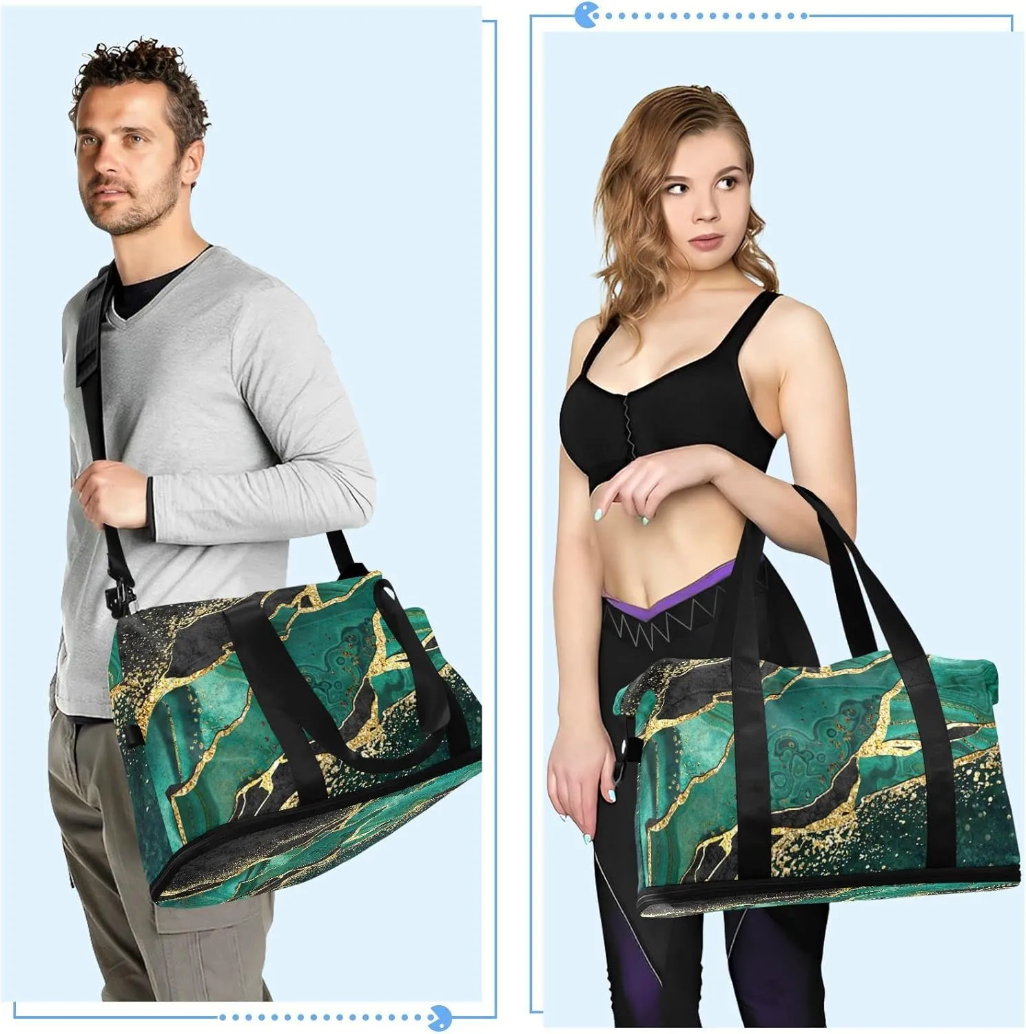 Marble Weekender Bag for Women, Malachite Green Marble Gym Bag Sports Duffle Bag Travel Tote Bag with Toiletry Bag Shoes Compartment Dry/Wet Separation Swim Bag