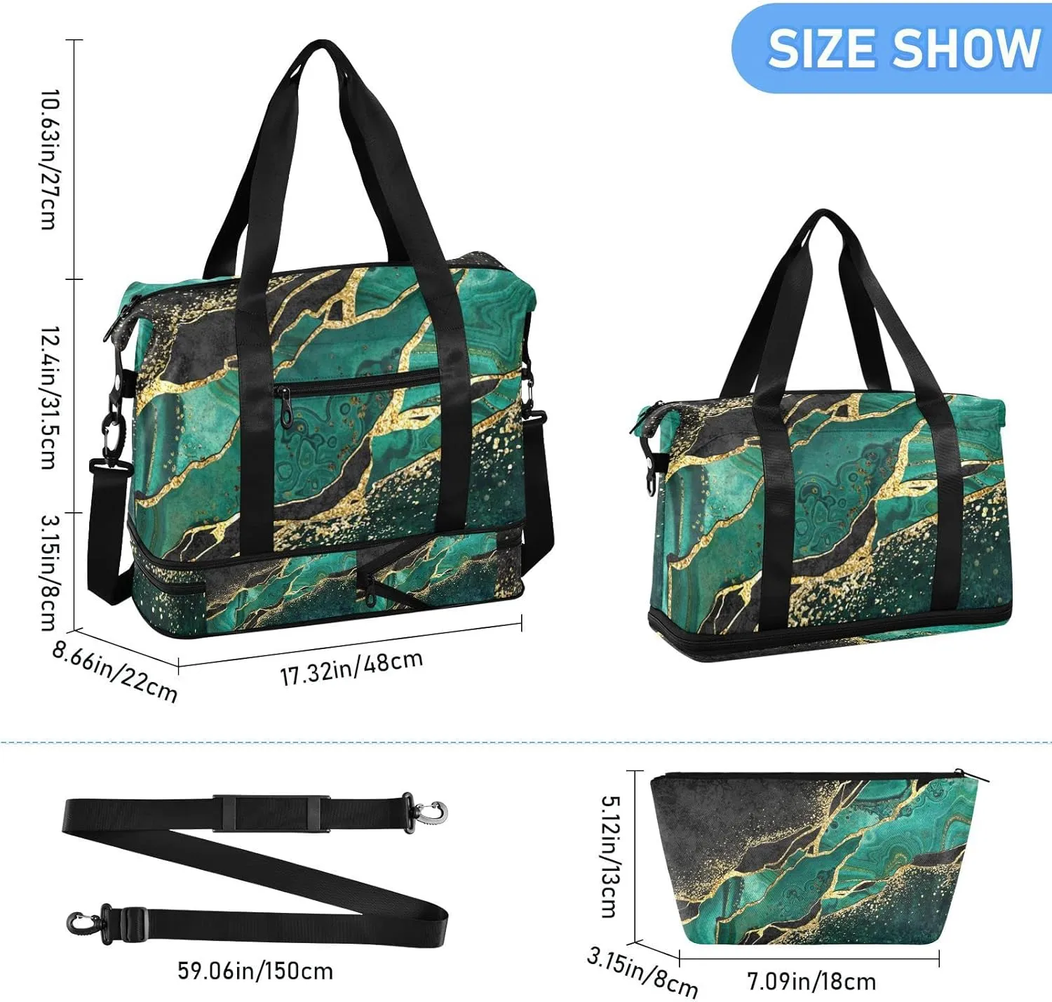 Marble Weekender Bag for Women, Malachite Green Marble Gym Bag Sports Duffle Bag Travel Tote Bag with Toiletry Bag Shoes Compartment Dry/Wet Separation Swim Bag