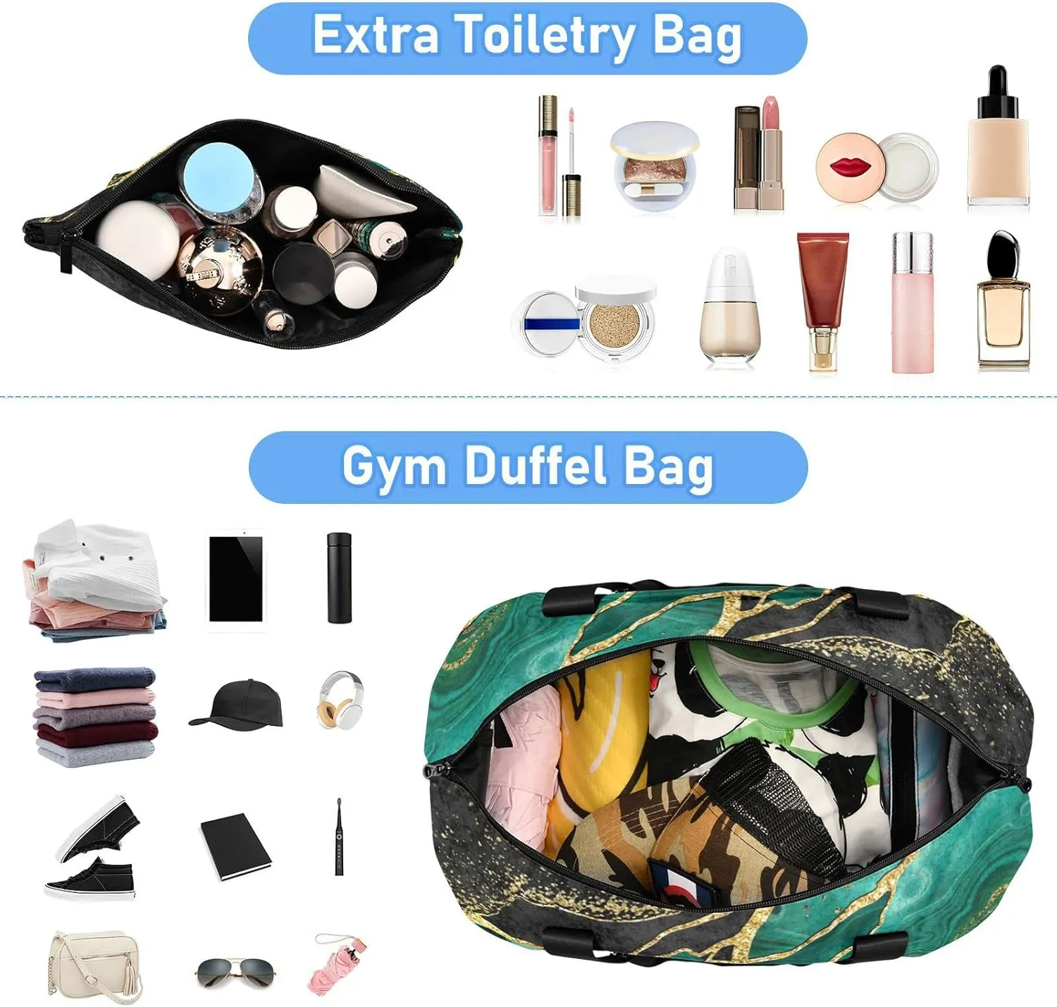 Marble Weekender Bag for Women, Malachite Green Marble Gym Bag Sports Duffle Bag Travel Tote Bag with Toiletry Bag Shoes Compartment Dry/Wet Separation Swim Bag