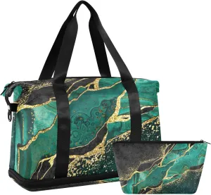 Marble Weekender Bag for Women, Malachite Green Marble Gym Bag Sports Duffle Bag Travel Tote Bag with Toiletry Bag Shoes Compartment Dry/Wet Separation Swim Bag