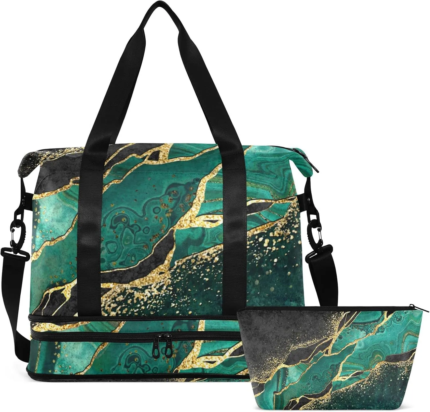 Marble Weekender Bag for Women, Malachite Green Marble Gym Bag Sports Duffle Bag Travel Tote Bag with Toiletry Bag Shoes Compartment Dry/Wet Separation Swim Bag
