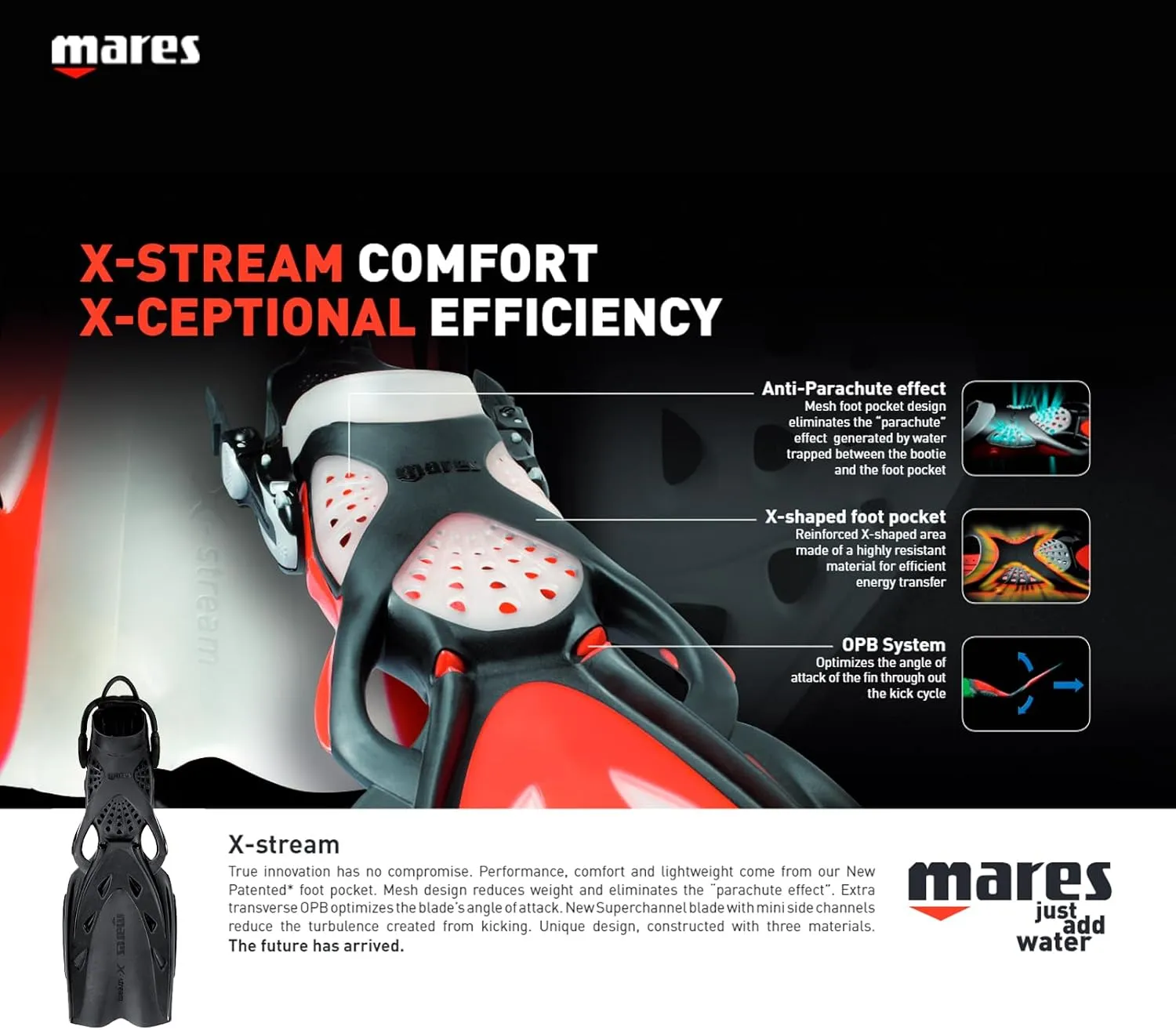 Mares Unisex Adult X-Stream Open Heel Scuba Diving Swim Fins - Durable Wear-Resistant Flexible Flippers for Swimming, Diving, Snorkeling - 410019