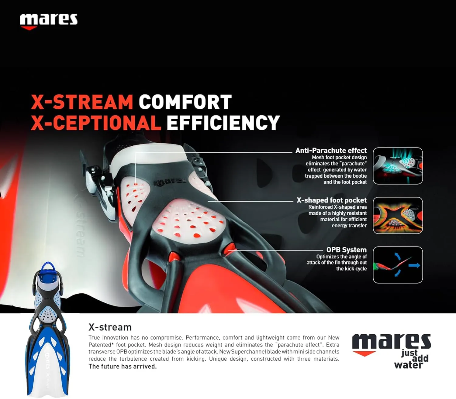 Mares Unisex Adult X-Stream Open Heel Scuba Diving Swim Fins - Durable Wear-Resistant Flexible Flippers for Swimming, Diving, Snorkeling - 410019