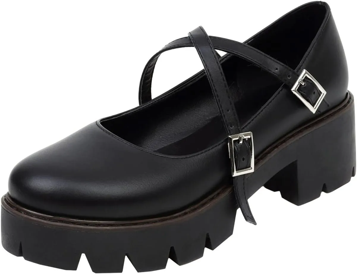 Mary Jane Shoes for Women Girls, Black Platform Mary Janes Chunky Heel Kawaii Lolita School Shoes