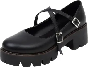 Mary Jane Shoes for Women Girls, Black Platform Mary Janes Chunky Heel Kawaii Lolita School Shoes