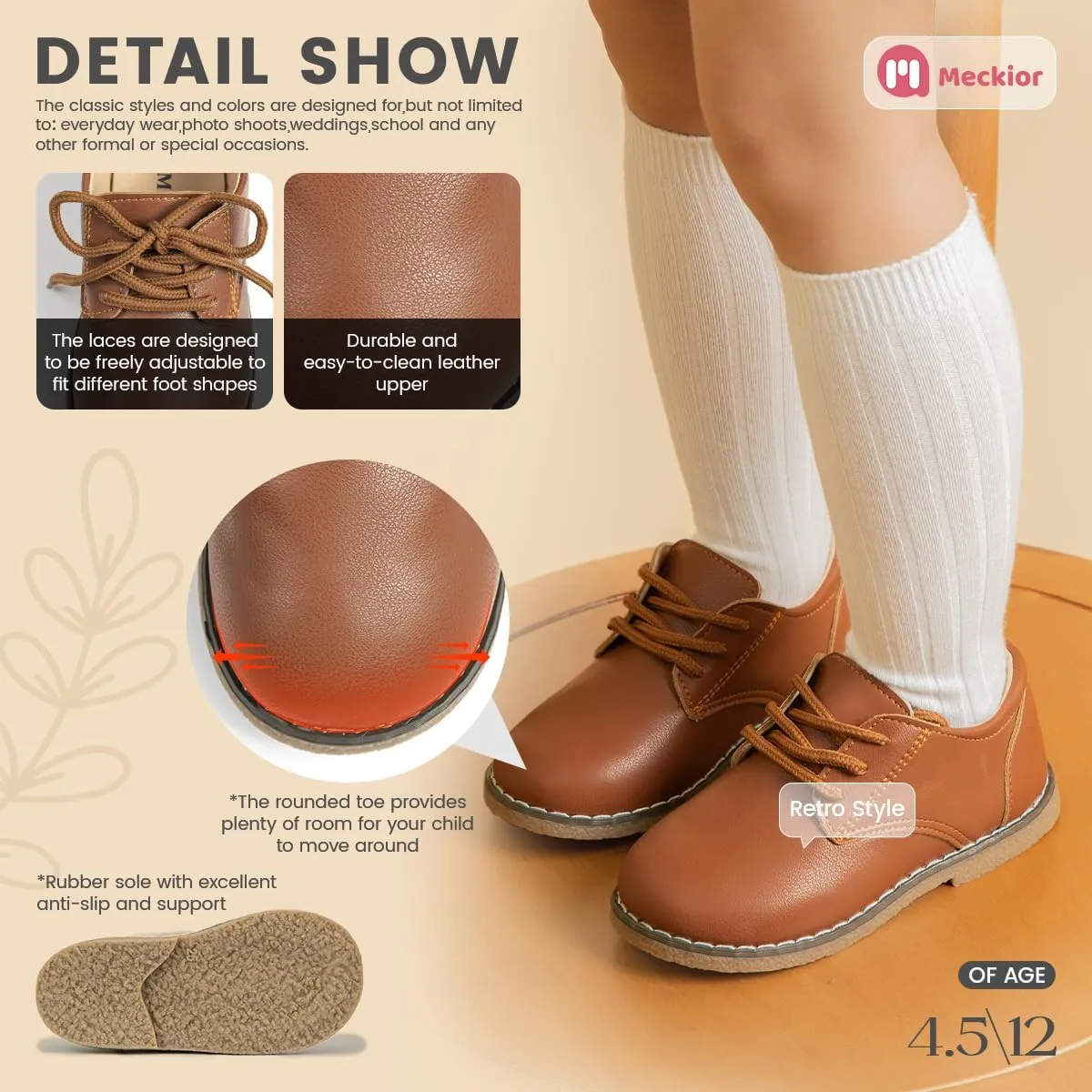 Meckior Toddler Boys Girls Dress Shoes Little Kid Oxford Shoes Wedding Church Dress Shoes PU Leather Lace Up School Uniform Loafer Flats