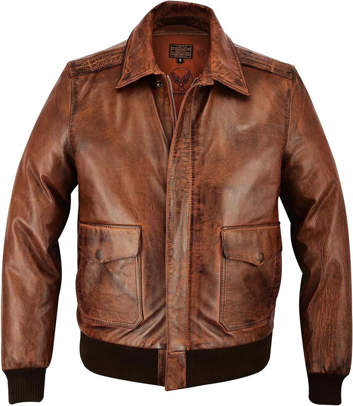 Men A-2 Real Goatskin Leather Pilot Flying Jacket Aviator Bomber Airforce Bronco