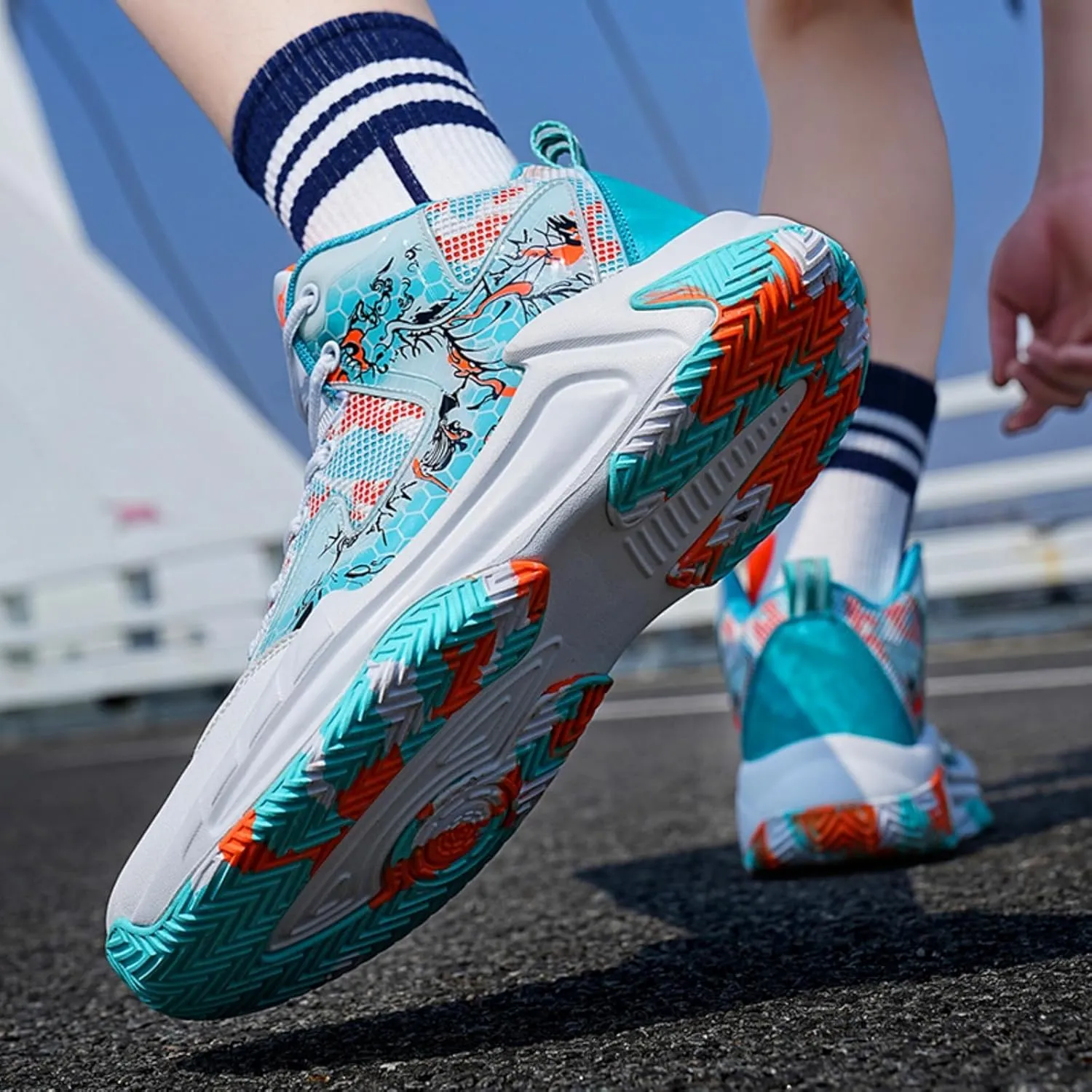 Men's Basketball Shoes Anti Slip and Breathable Youth Sports Shoes Stylish Graffiti Design for Students Suitable for Running Walking School and Daily Commute