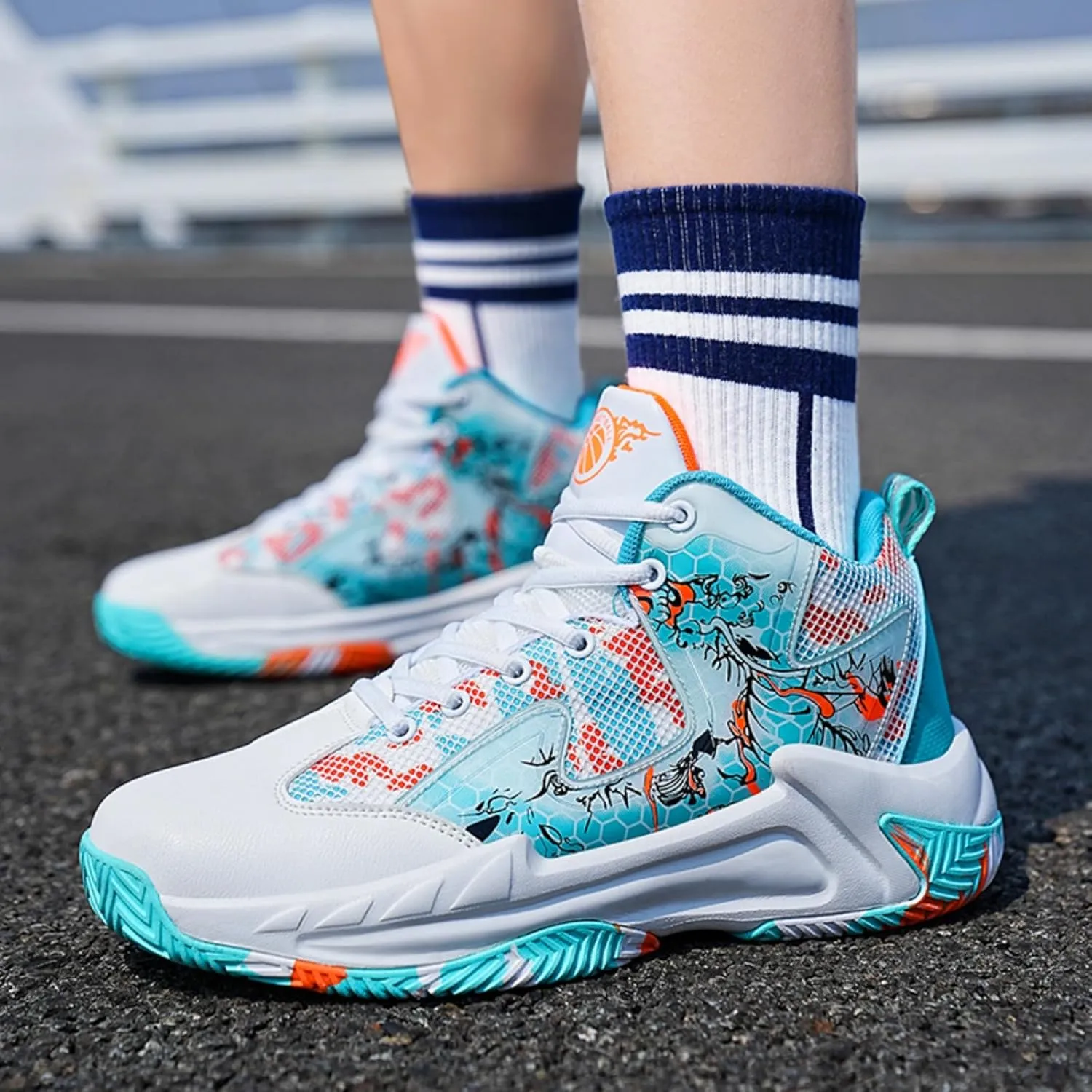 Men's Basketball Shoes Anti Slip and Breathable Youth Sports Shoes Stylish Graffiti Design for Students Suitable for Running Walking School and Daily Commute