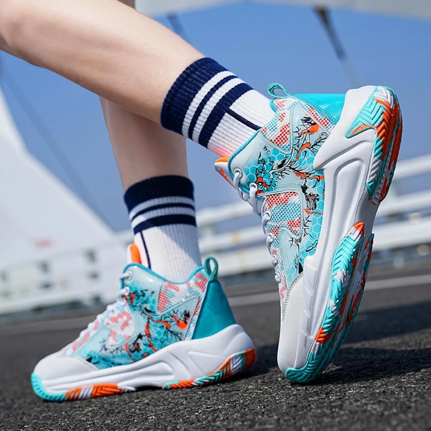 Men's Basketball Shoes Anti Slip and Breathable Youth Sports Shoes Stylish Graffiti Design for Students Suitable for Running Walking School and Daily Commute