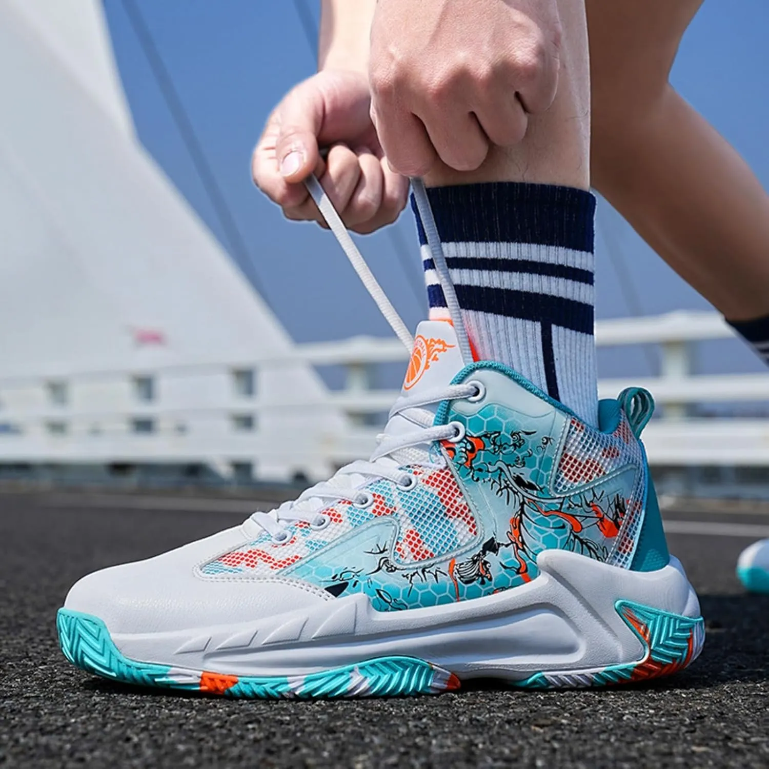 Men's Basketball Shoes Anti Slip and Breathable Youth Sports Shoes Stylish Graffiti Design for Students Suitable for Running Walking School and Daily Commute