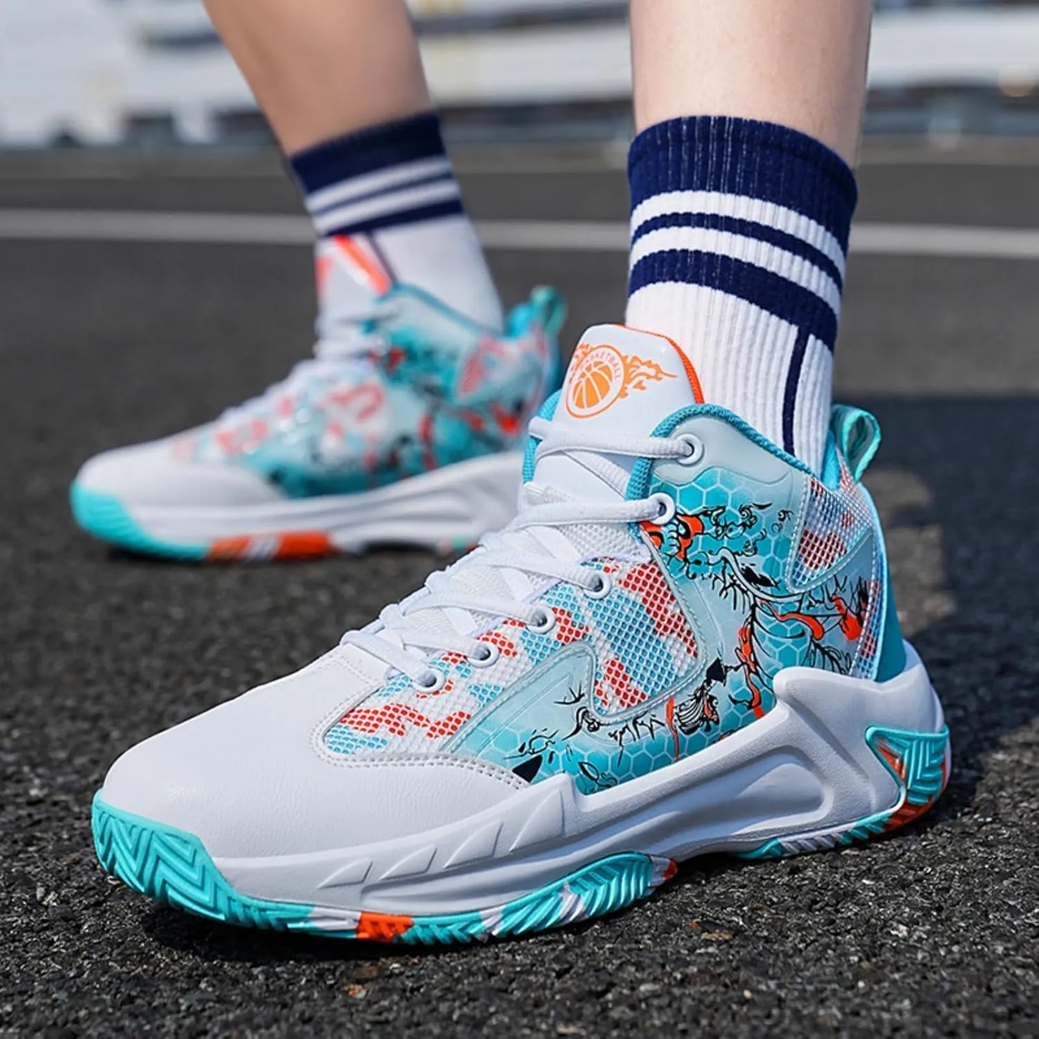 Men's Basketball Shoes Anti Slip and Breathable Youth Sports Shoes Stylish Graffiti Design for Students Suitable for Running Walking School and Daily Commute