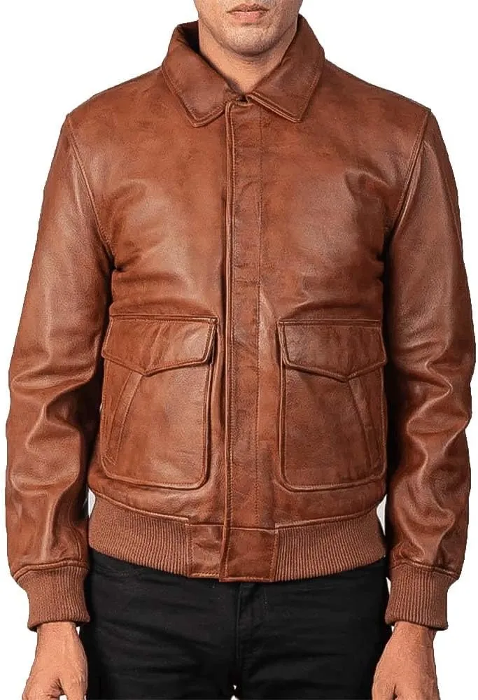 Men's Classic A2 Aviator WWII Flying Tiger Leather Jacket - Pilot Bomber Leather Jacket With Shirt Collar For Men