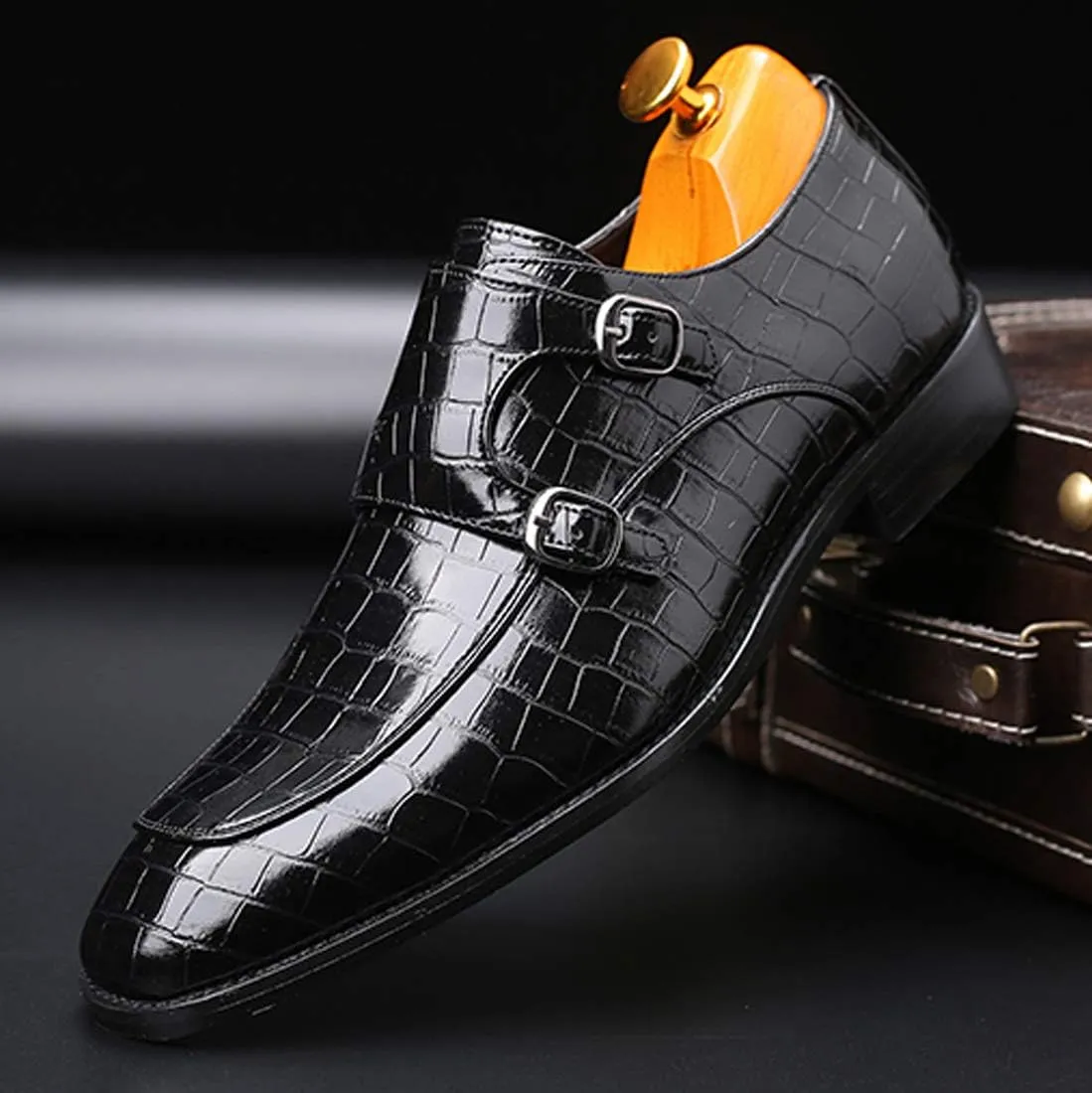Mens Double Monk Strap Slip on Loafer Leather Formal Business Casual Comfortable Dress Shoes for Men