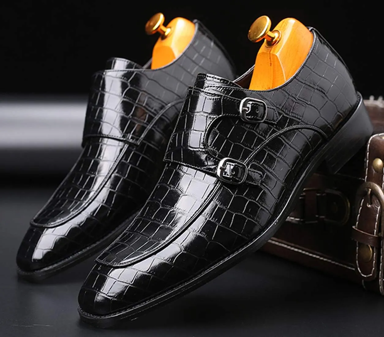 Mens Double Monk Strap Slip on Loafer Leather Formal Business Casual Comfortable Dress Shoes for Men
