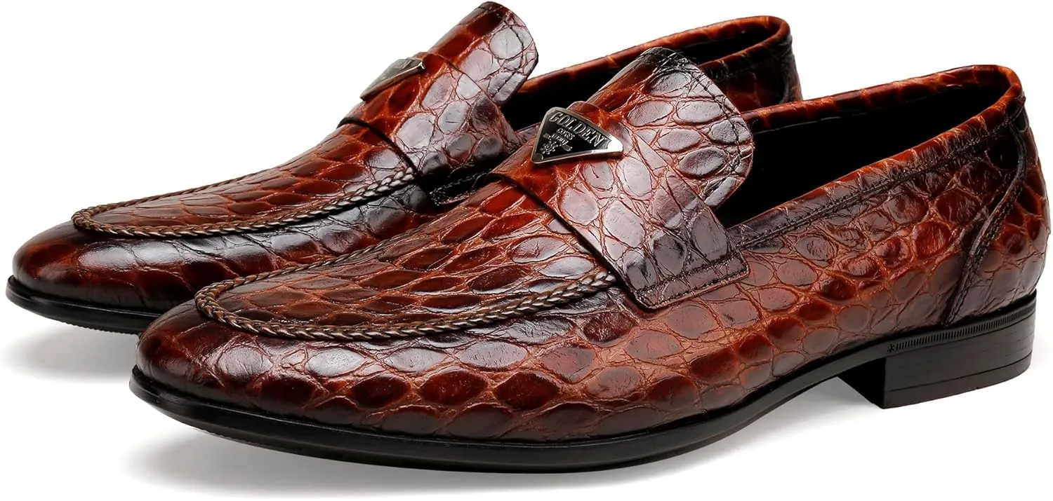Mens Dress Shoes Leather Loafer, Fashion Crocodile Printed Handmade Dress Shoes Slip on Loafer Shoes for Men
