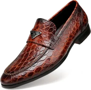 Mens Dress Shoes Leather Loafer, Fashion Crocodile Printed Handmade Dress Shoes Slip on Loafer Shoes for Men