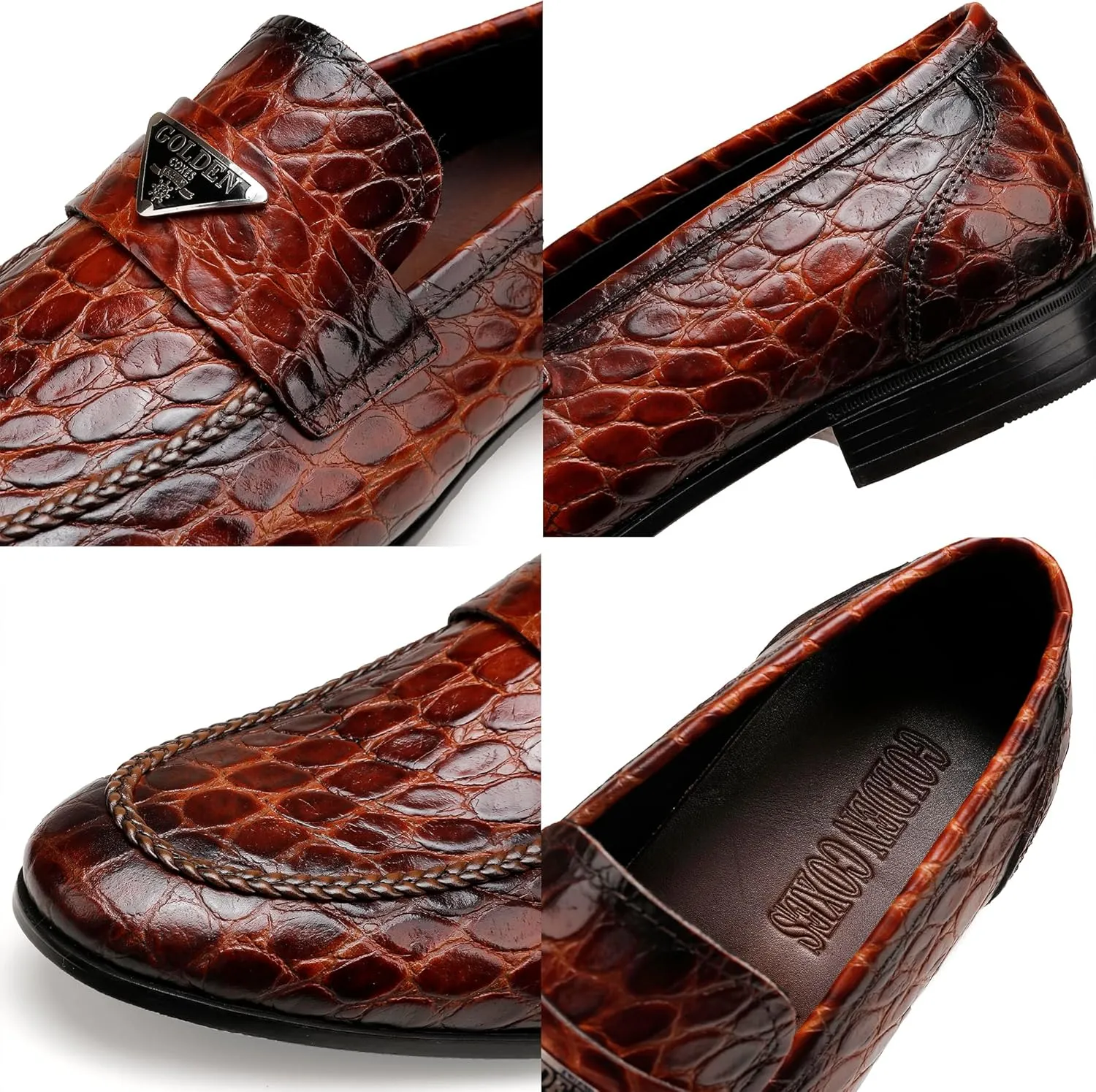 Mens Dress Shoes Leather Loafer, Fashion Crocodile Printed Handmade Dress Shoes Slip on Loafer Shoes for Men