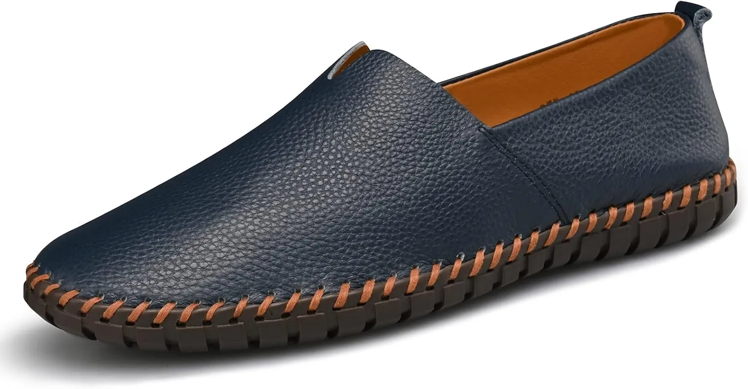 Men's Genuine Leather Loafer Shoes Slip On Soft Breathable Handmade Stitching Fashion Casual Shoes Lightweight Driving Dress Shoe