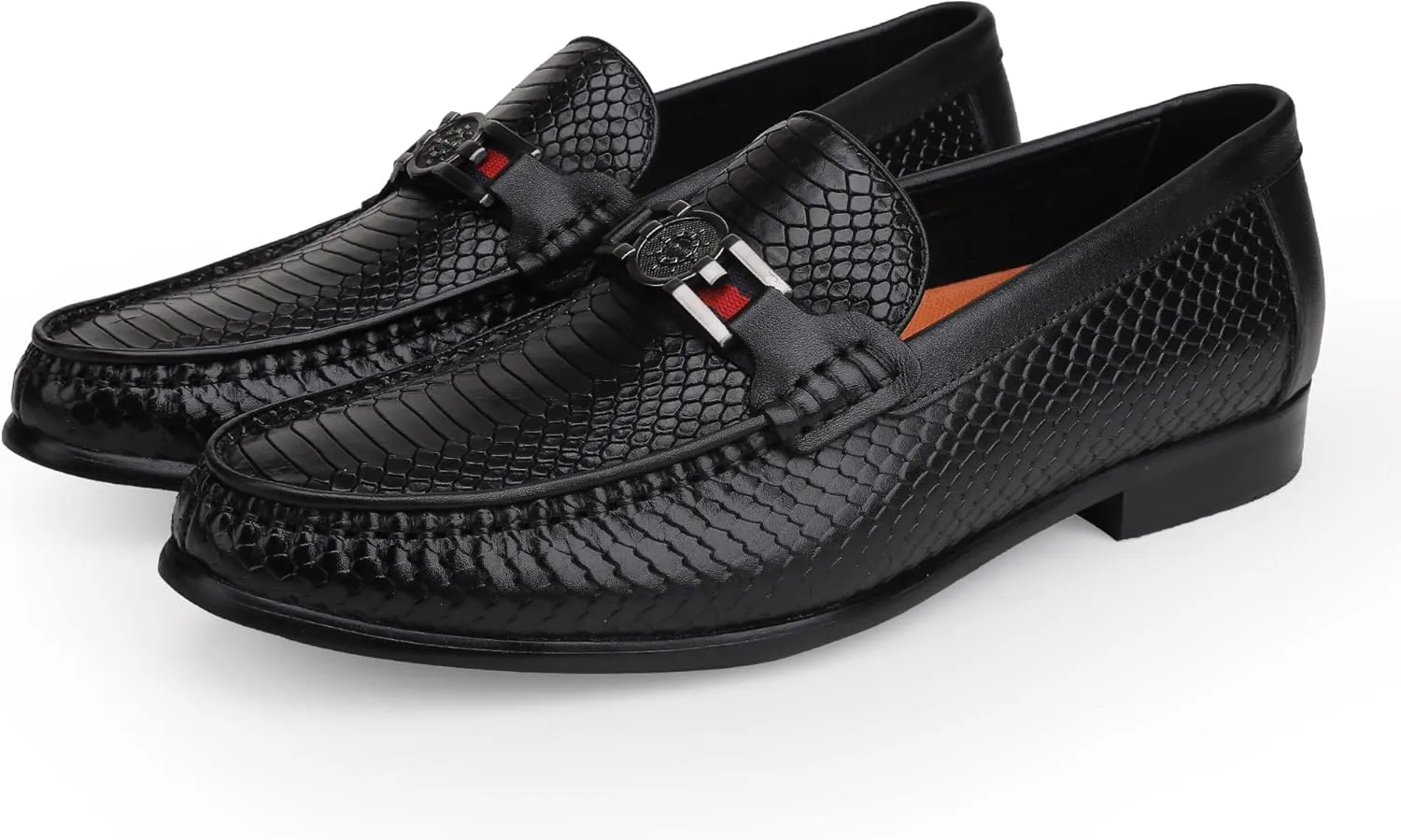Mens Leather Dress Shoes, Premium Crocodile Print Moc-Toe Slip-on Loafer with Metal Buckle Penny Shoes for Mens