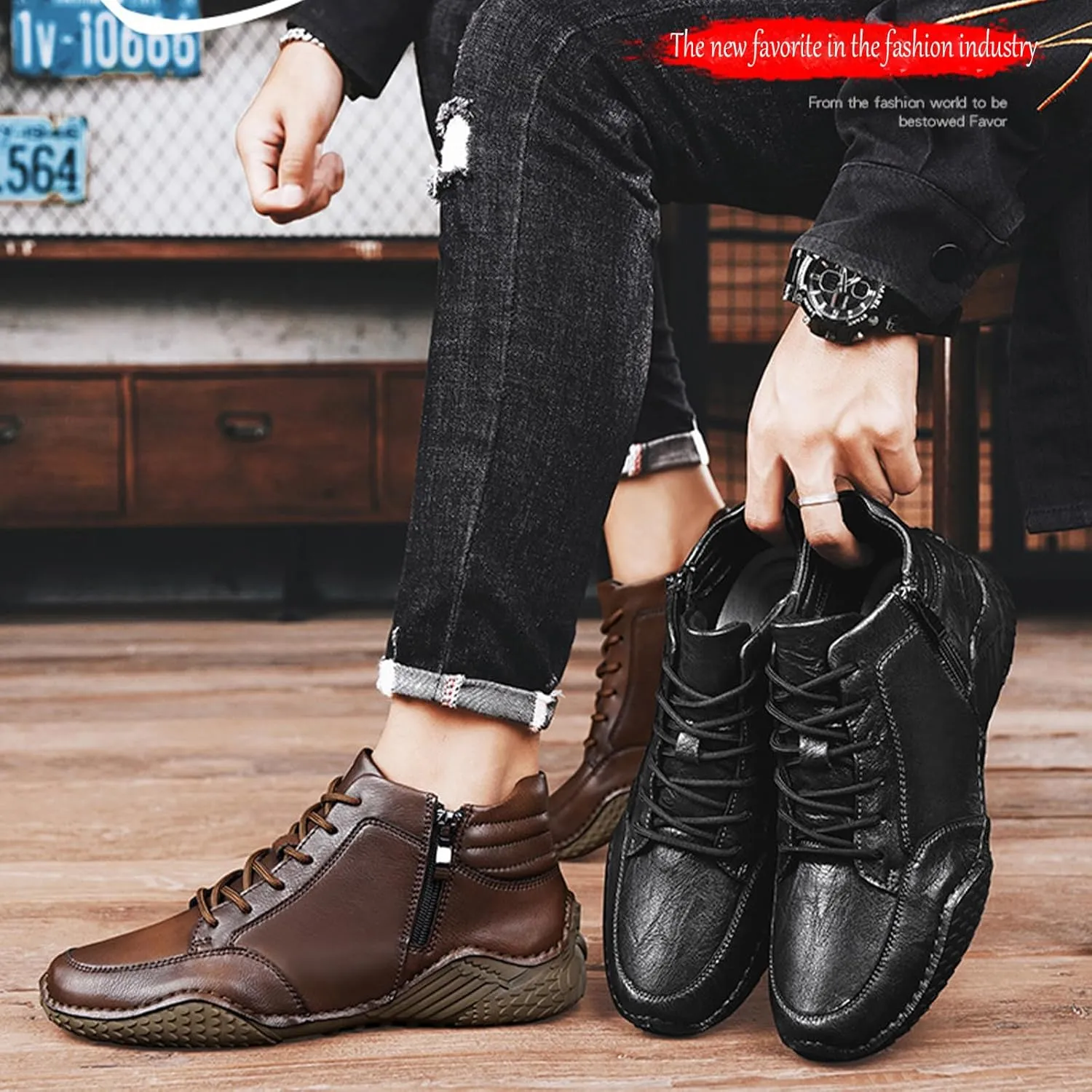 Men's Leather Lace Up Sports Ankle Boots Traditional Handmade Stitched Large Size Leather Shoes Outdoor Casual Non-Slip Running Sports Hiking Boots with Side Zippers