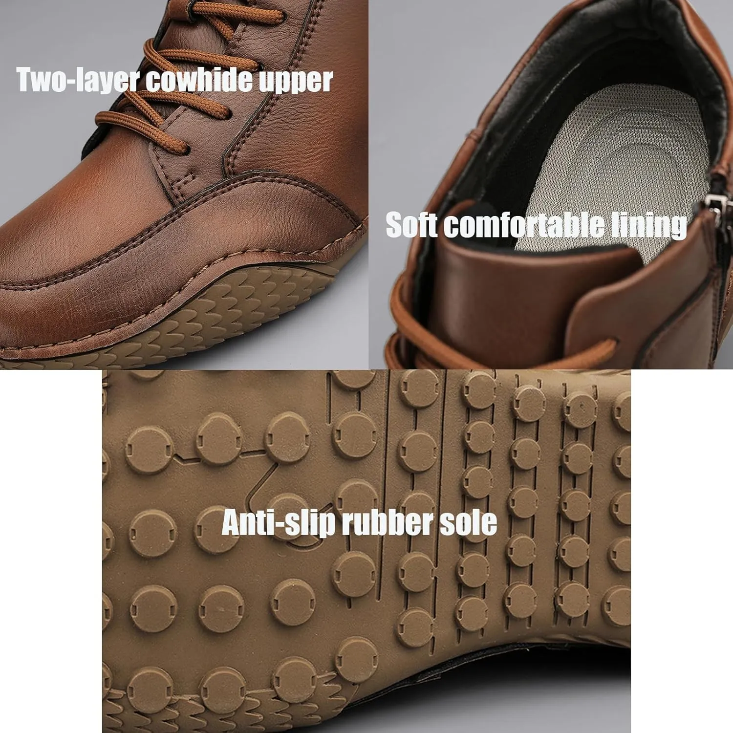 Men's Leather Lace Up Sports Ankle Boots Traditional Handmade Stitched Large Size Leather Shoes Outdoor Casual Non-Slip Running Sports Hiking Boots with Side Zippers