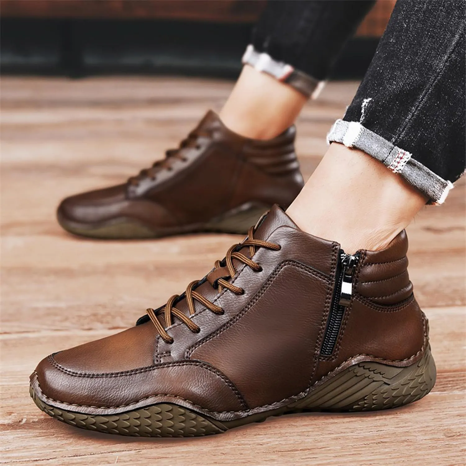 Men's Leather Lace Up Sports Ankle Boots Traditional Handmade Stitched Large Size Leather Shoes Outdoor Casual Non-Slip Running Sports Hiking Boots with Side Zippers