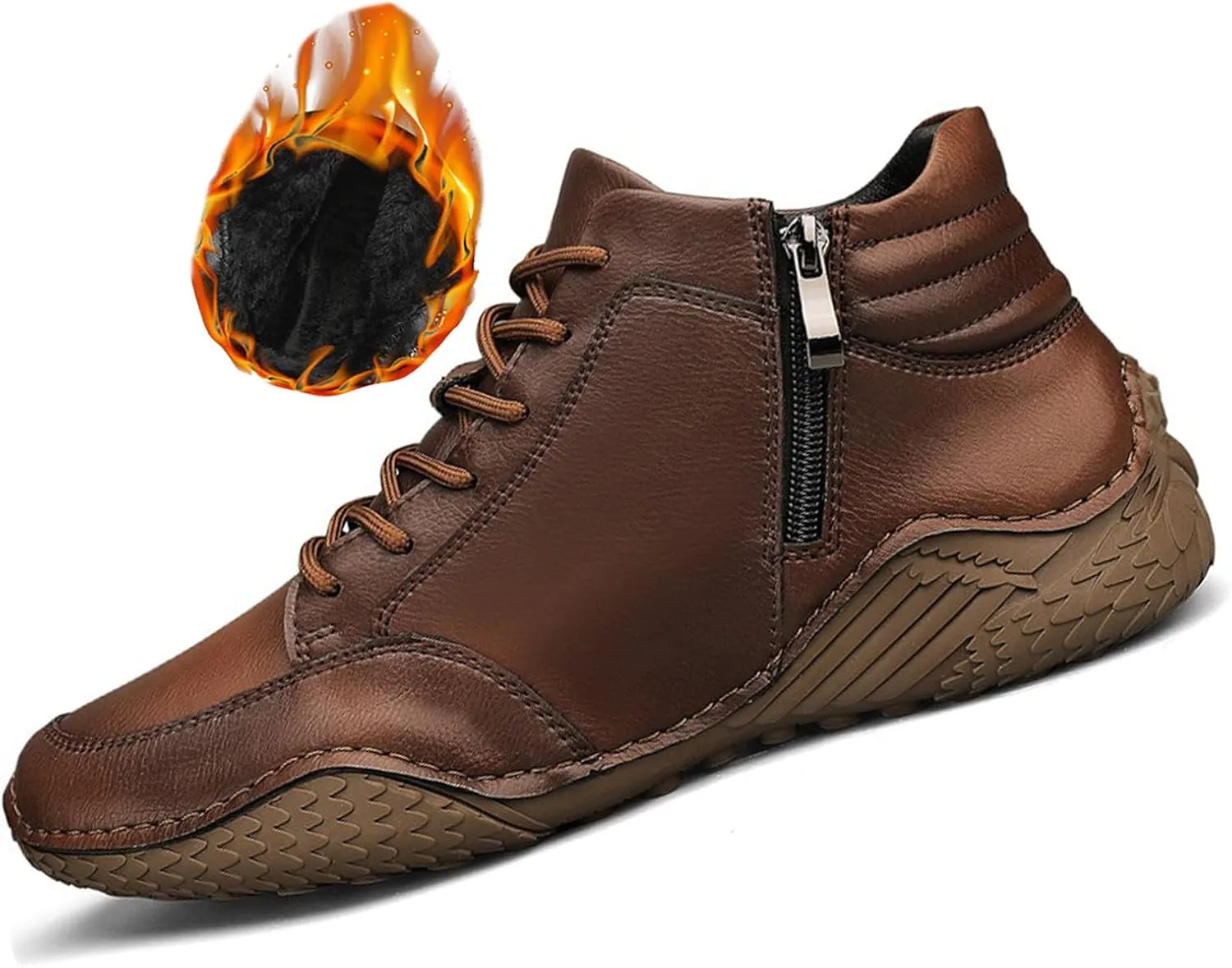 Men's Leather Lace Up Sports Ankle Boots Traditional Handmade Stitched Large Size Leather Shoes Outdoor Casual Non-Slip Running Sports Hiking Boots with Side Zippers