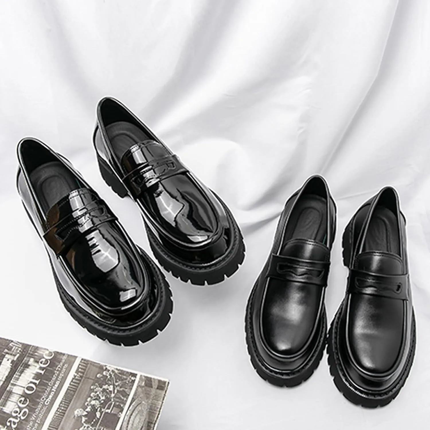 Men's Leather Platform Chunky Slip-On Penny Loafers Classic Round Toe Lug Sole Business Casual Formal Work Shoes