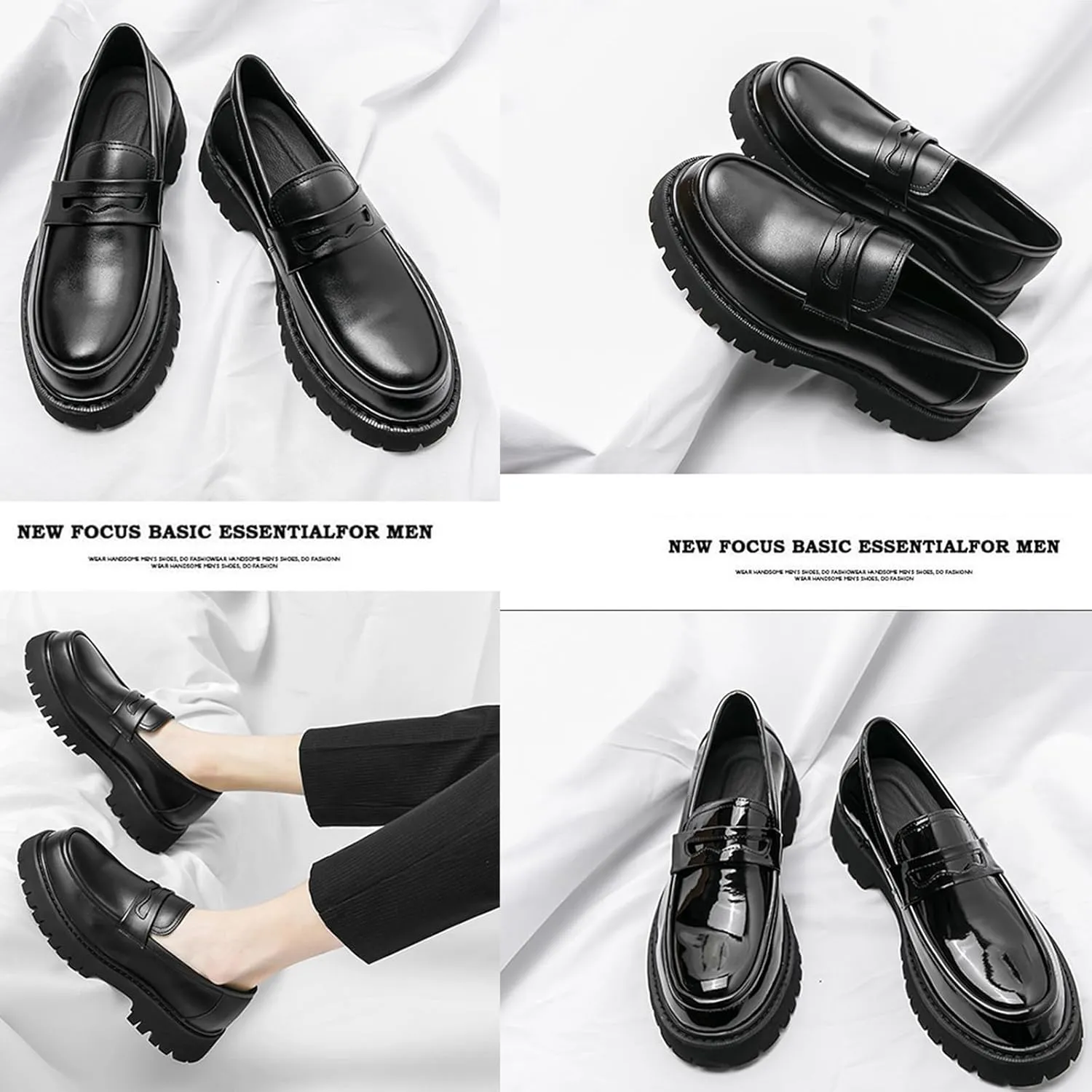 Men's Leather Platform Chunky Slip-On Penny Loafers Classic Round Toe Lug Sole Business Casual Formal Work Shoes