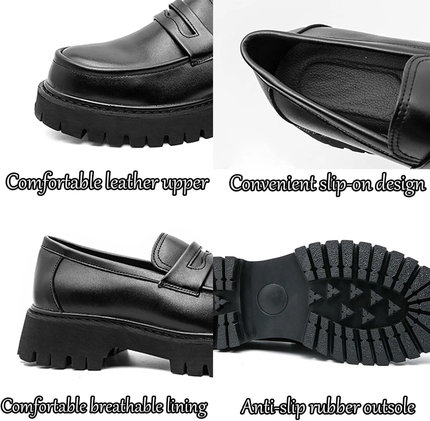 Men's Leather Platform Chunky Slip-On Penny Loafers Classic Round Toe Lug Sole Business Casual Formal Work Shoes