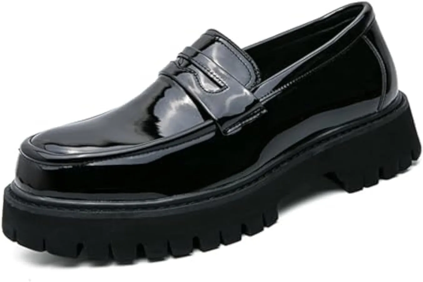 Men's Leather Platform Chunky Slip-On Penny Loafers Classic Round Toe Lug Sole Business Casual Formal Work Shoes