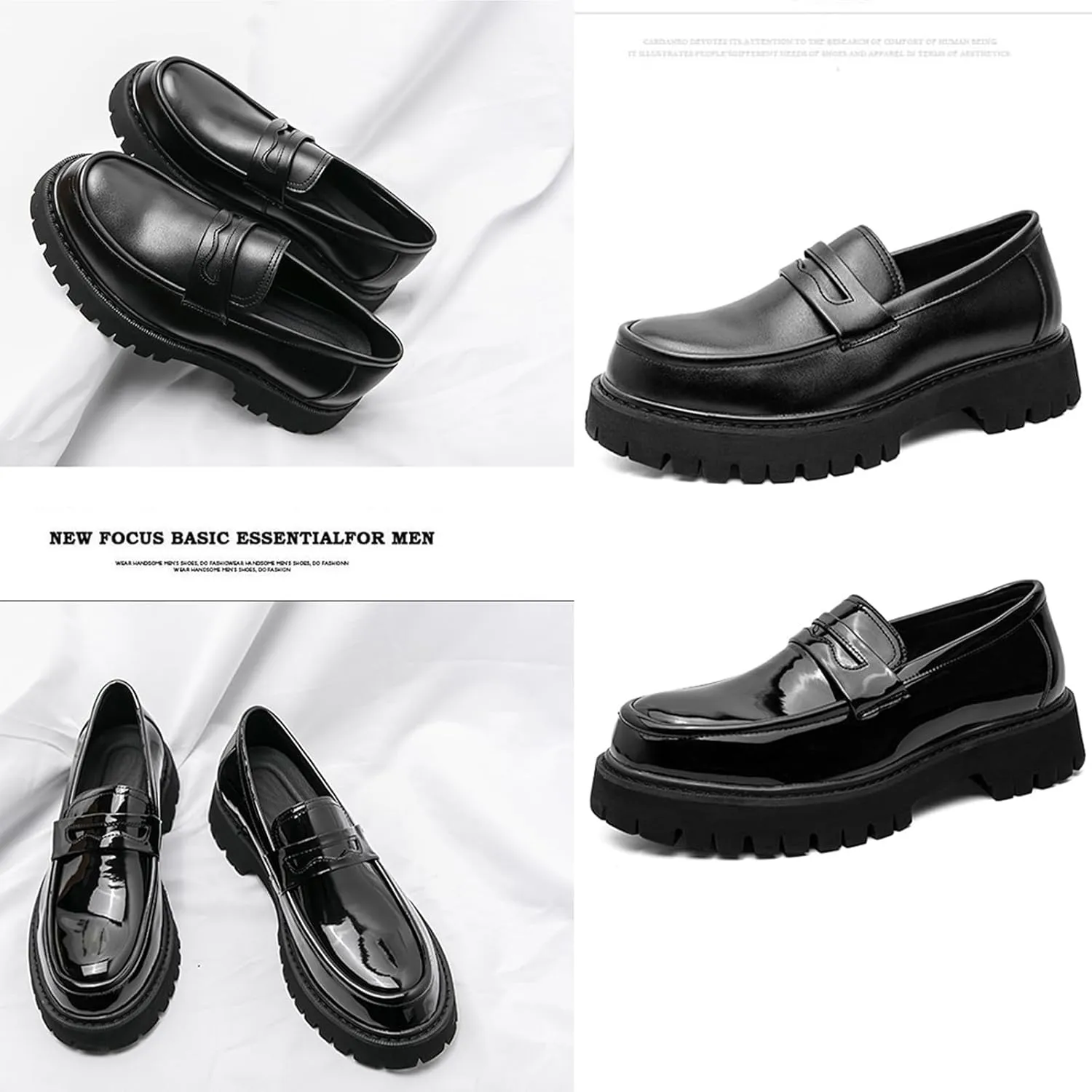 Men's Leather Platform Chunky Slip-On Penny Loafers Classic Round Toe Lug Sole Business Casual Formal Work Shoes