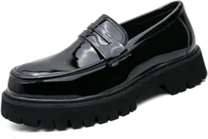 Men's Leather Platform Chunky Slip-On Penny Loafers Classic Round Toe Lug Sole Business Casual Formal Work Shoes