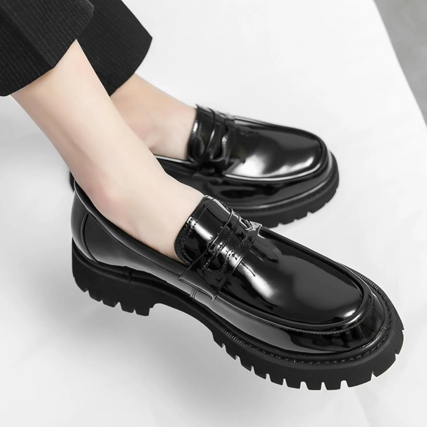 Men's Leather Platform Chunky Slip-On Penny Loafers Classic Round Toe Lug Sole Business Casual Formal Work Shoes