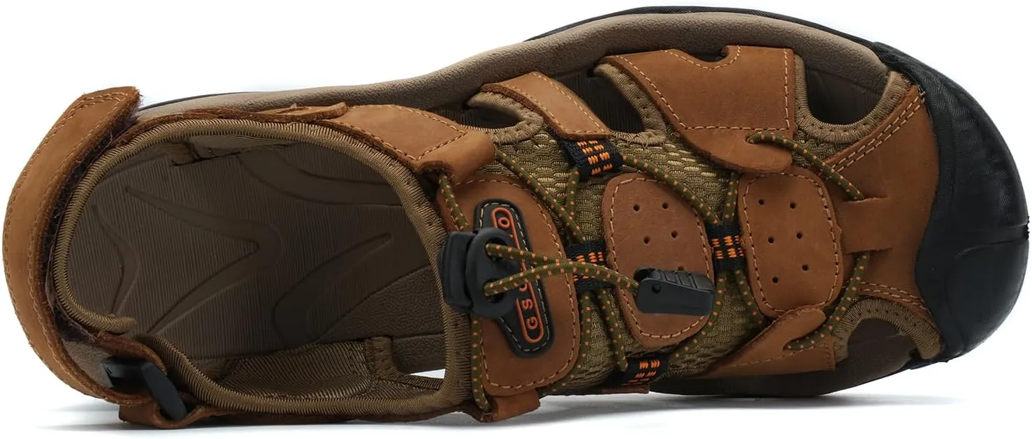 Mens Leather Sports Sandals For Men Closed Toe Hiking Outdoor Athletic Casual Walking Sandals Water Shoes Summer Fisherman Sandal Handmade