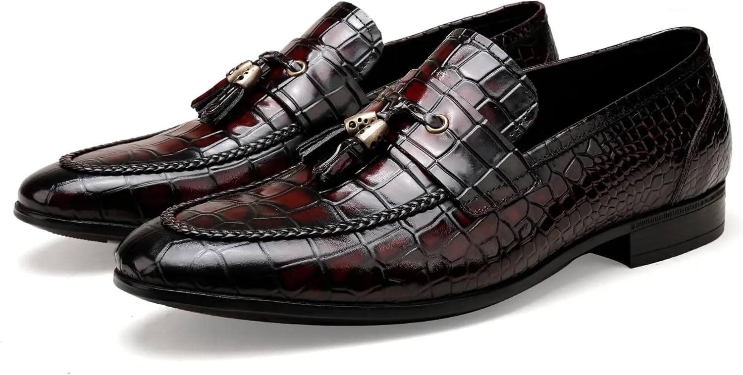 Mens Leather Tassel Loafer, Classic Luxury Smooth Upper Tassel Slip-on Penny Loafer for Mens, Black