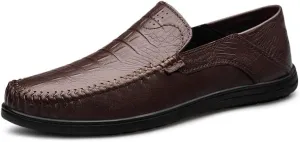 Mens Loafers Round Toe Leather Crocodile Print Loafer Shoes Resistant Comfortable Flat Heel Party Slip On
