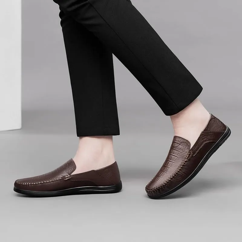 Mens Loafers Round Toe Leather Crocodile Print Loafer Shoes Resistant Comfortable Flat Heel Party Slip On