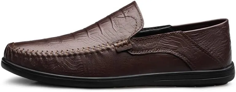 Mens Loafers Round Toe Leather Crocodile Print Loafer Shoes Resistant Comfortable Flat Heel Party Slip On