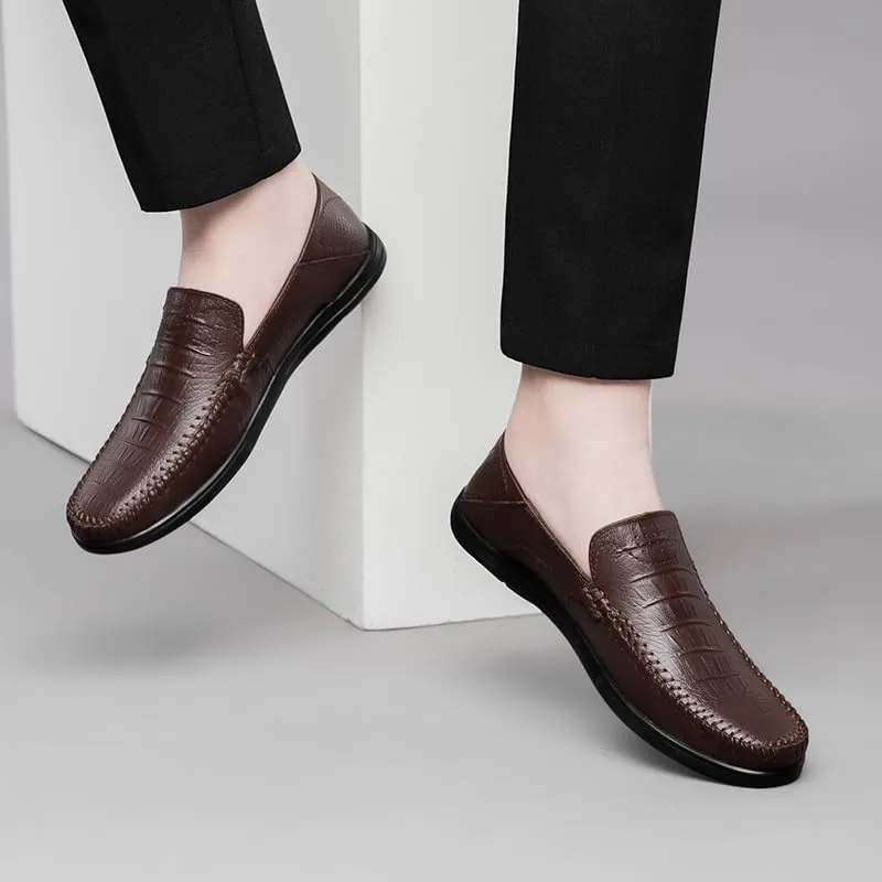 Mens Loafers Round Toe Leather Crocodile Print Loafer Shoes Resistant Comfortable Flat Heel Party Slip On