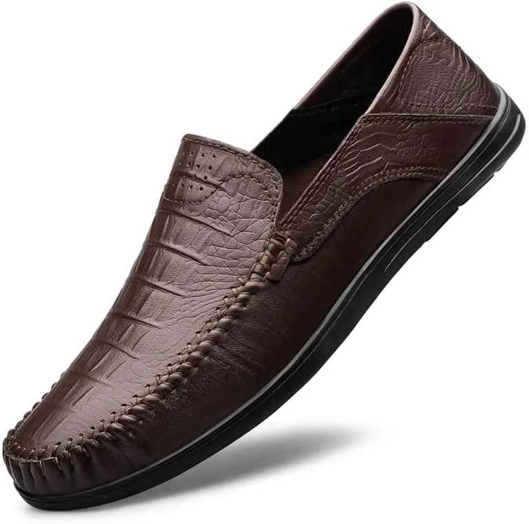 Mens Loafers Round Toe Leather Crocodile Print Loafer Shoes Resistant Comfortable Flat Heel Party Slip On