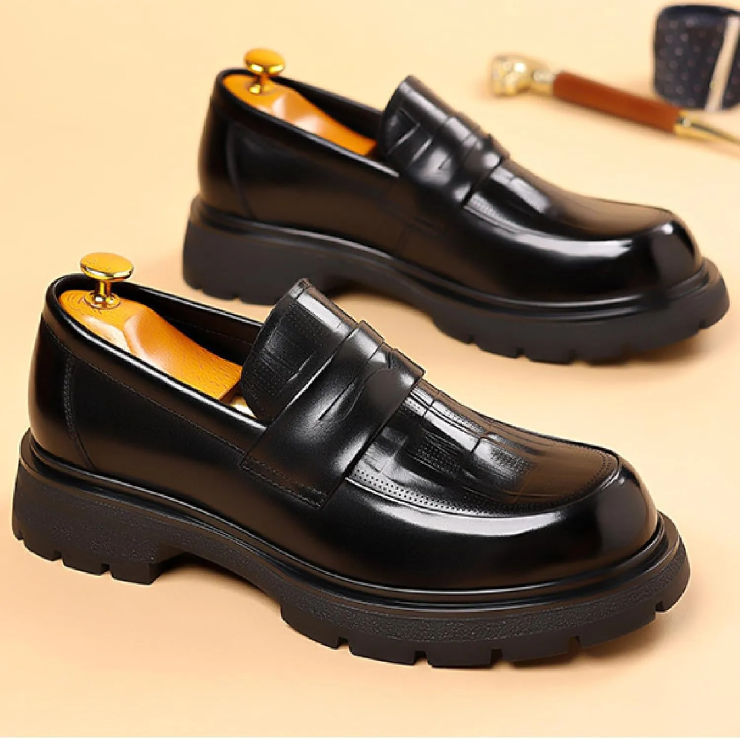 Men's Luxury Genuine Leather Platform Chunky Slip-on Penny Loafers Fashion Round Toe Lug Sole Patent Business Dress Shoes Classic Non-Slip Party Wedding Prom Work Shoes