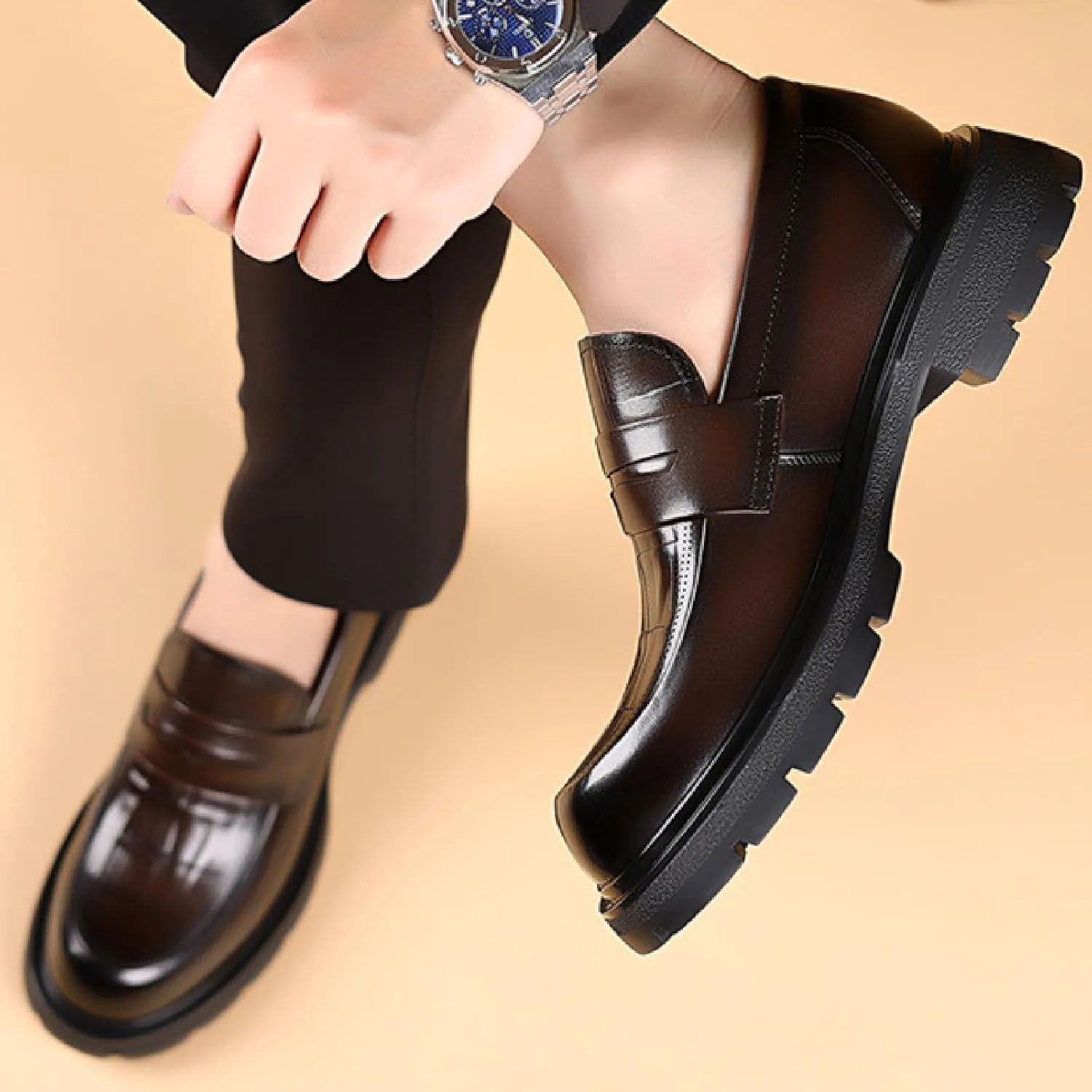 Men's Luxury Genuine Leather Platform Chunky Slip-on Penny Loafers Fashion Round Toe Lug Sole Patent Business Dress Shoes Classic Non-Slip Party Wedding Prom Work Shoes
