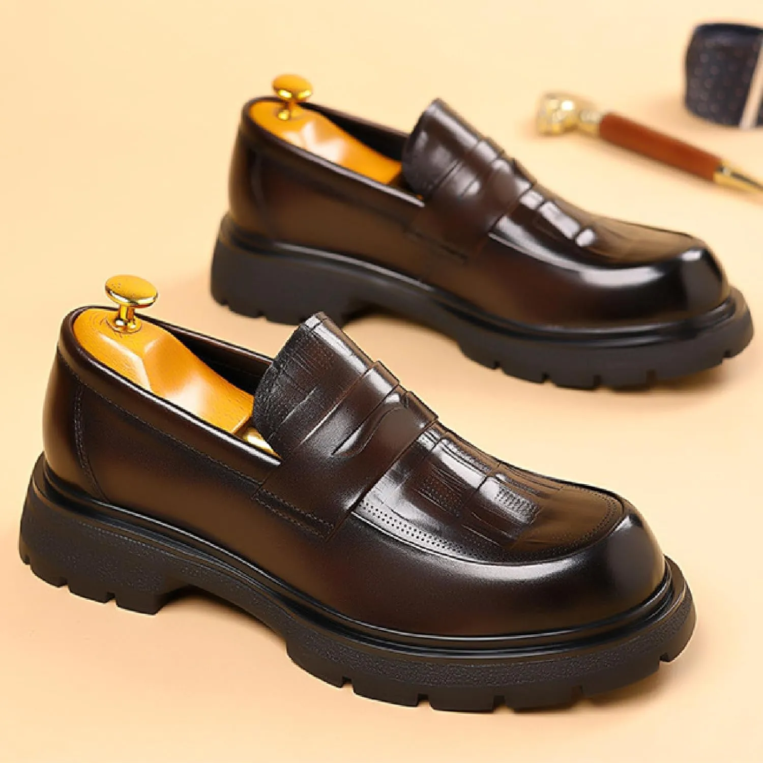 Men's Luxury Genuine Leather Platform Chunky Slip-on Penny Loafers Fashion Round Toe Lug Sole Patent Business Dress Shoes Classic Non-Slip Party Wedding Prom Work Shoes