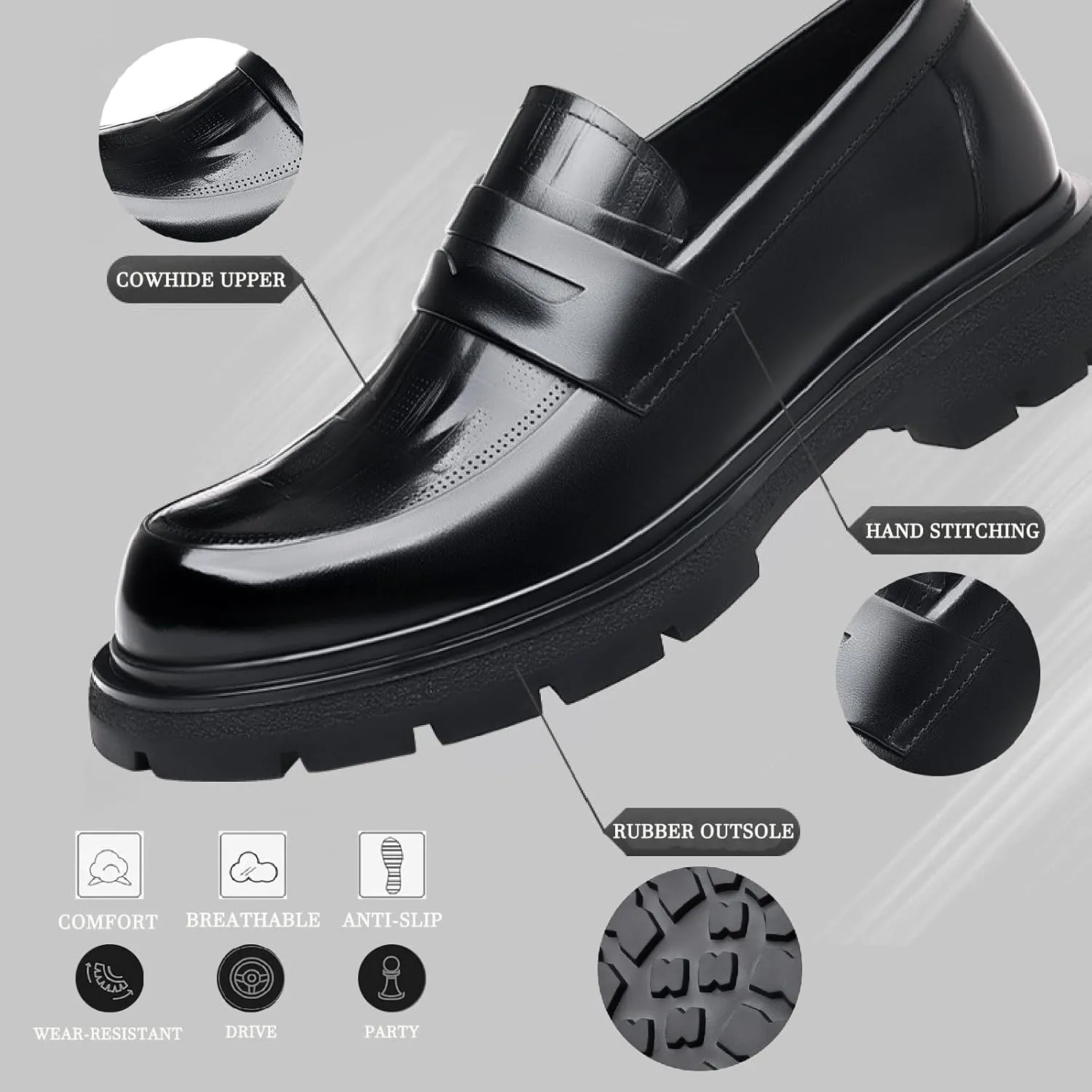 Men's Luxury Genuine Leather Platform Chunky Slip-on Penny Loafers Fashion Round Toe Lug Sole Patent Business Dress Shoes Classic Non-Slip Party Wedding Prom Work Shoes