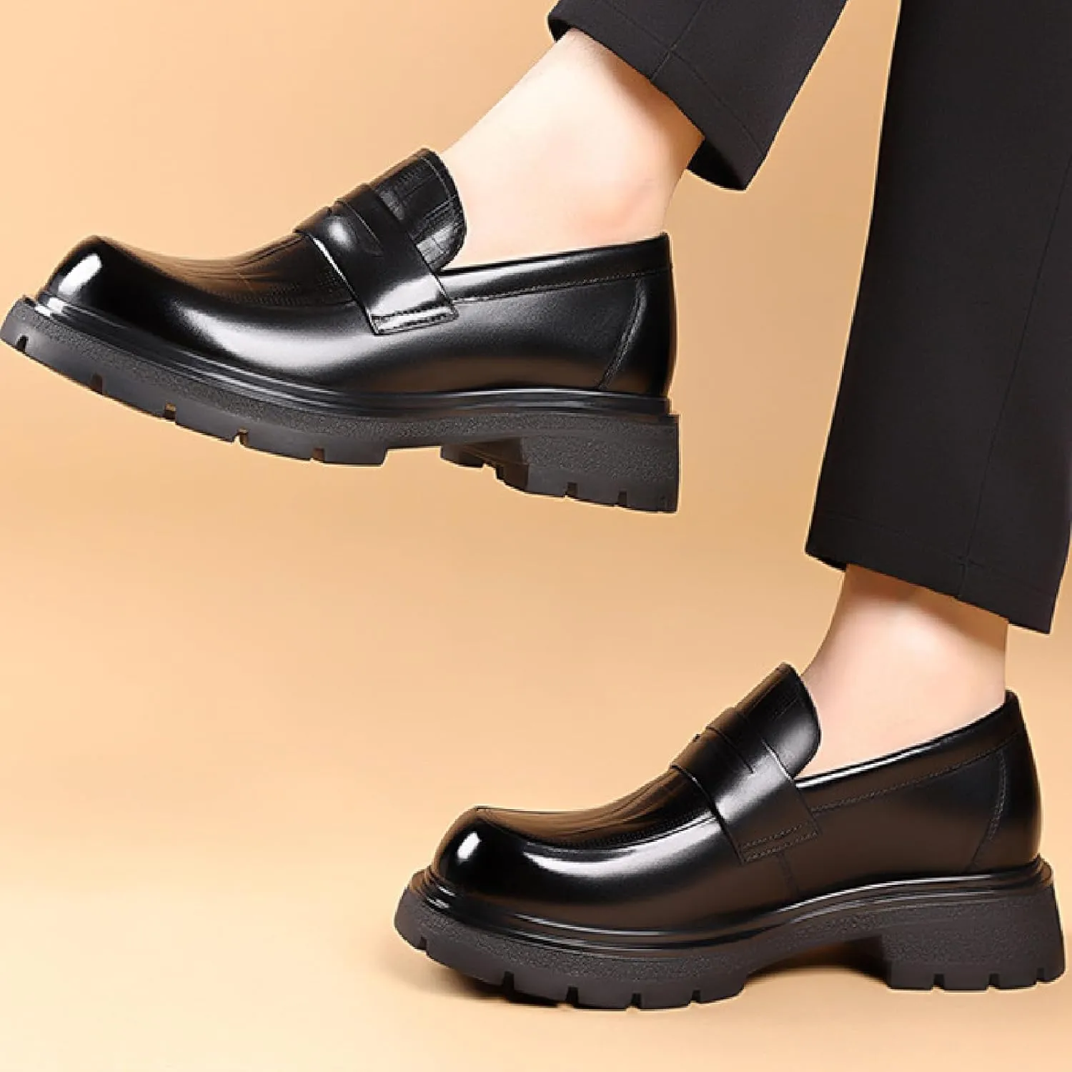 Men's Luxury Genuine Leather Platform Chunky Slip-on Penny Loafers Fashion Round Toe Lug Sole Patent Business Dress Shoes Classic Non-Slip Party Wedding Prom Work Shoes