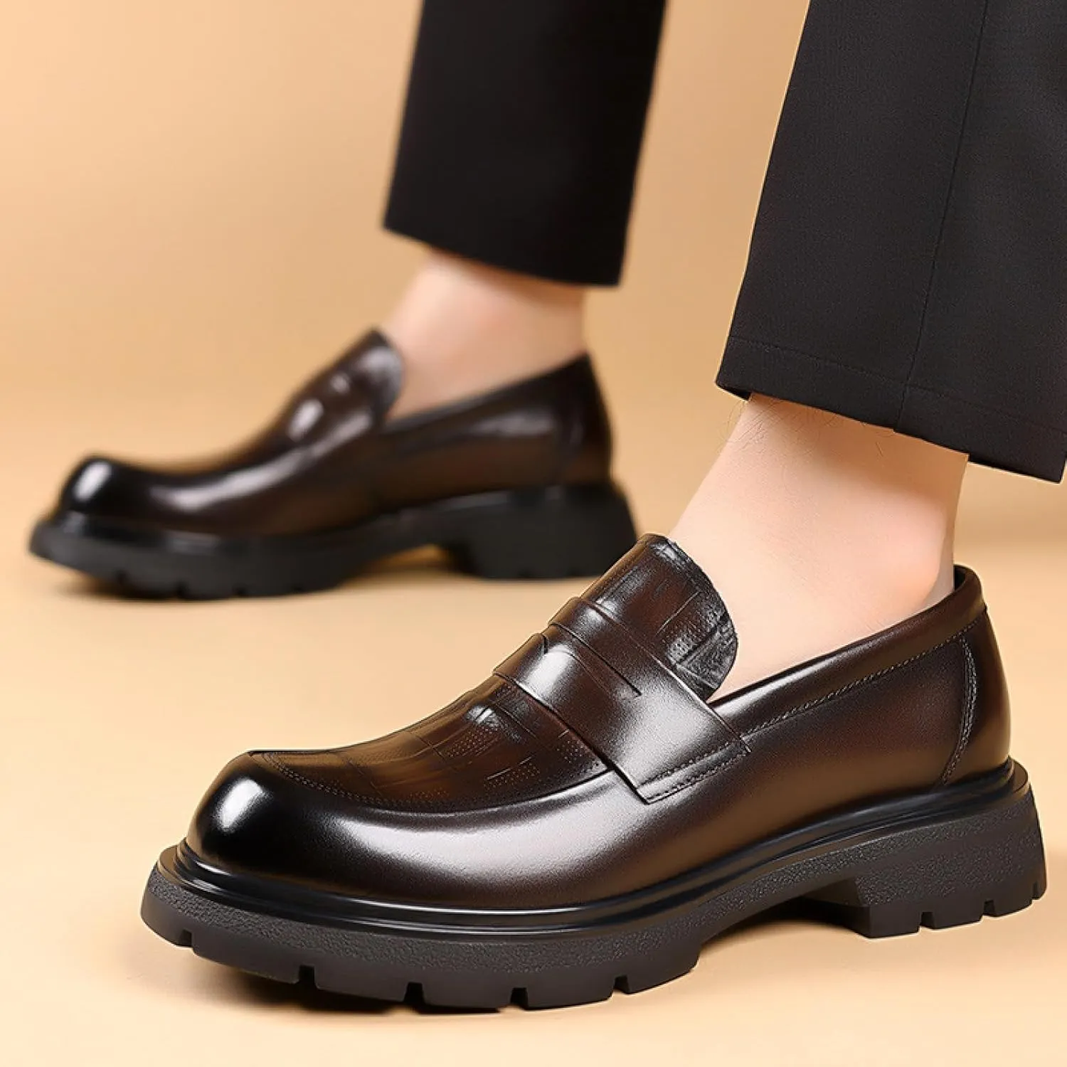 Men's Luxury Genuine Leather Platform Chunky Slip-on Penny Loafers Fashion Round Toe Lug Sole Patent Business Dress Shoes Classic Non-Slip Party Wedding Prom Work Shoes